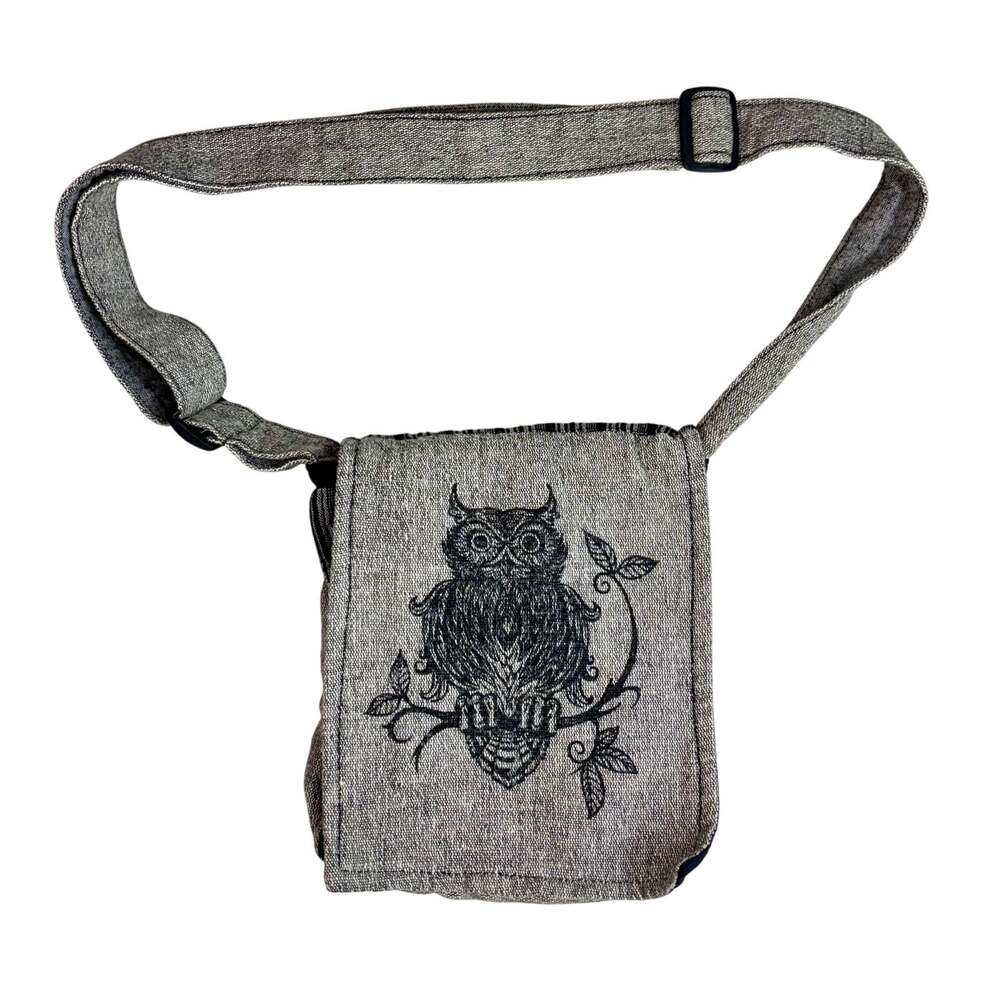 BOHEMIAN STYLE Owl Crossbody Bag with Flap Closure Heather Gray Woven Cotton